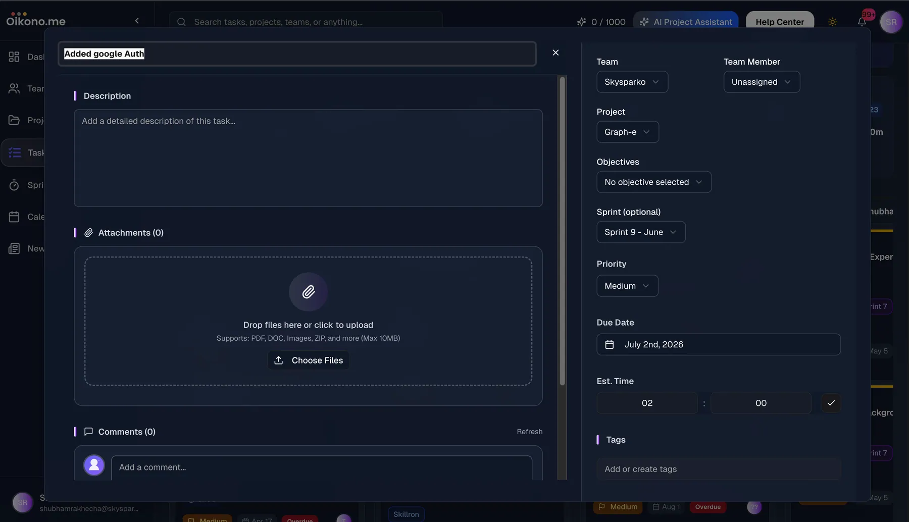 Oikono edit task modal with metadata and attachments