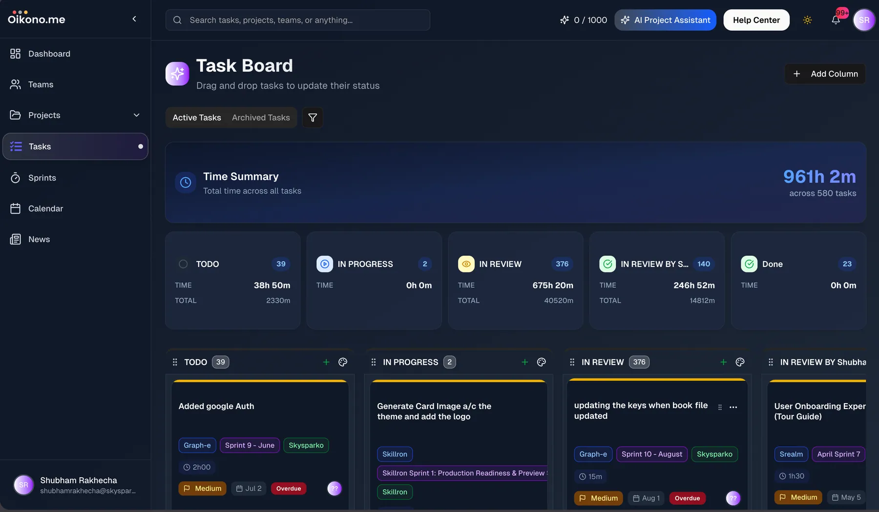 Oikono Kanban task board with status columns
