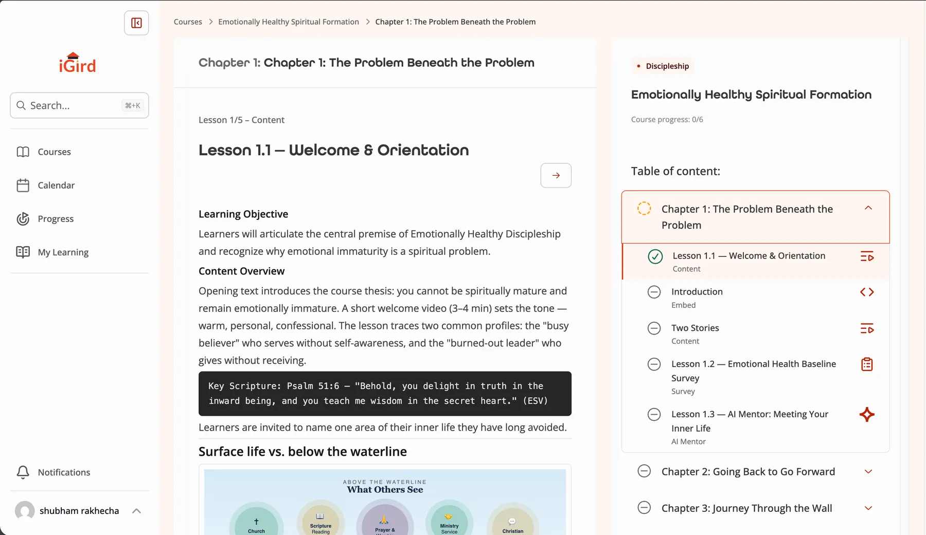 iGird lesson view with scripture and learning content