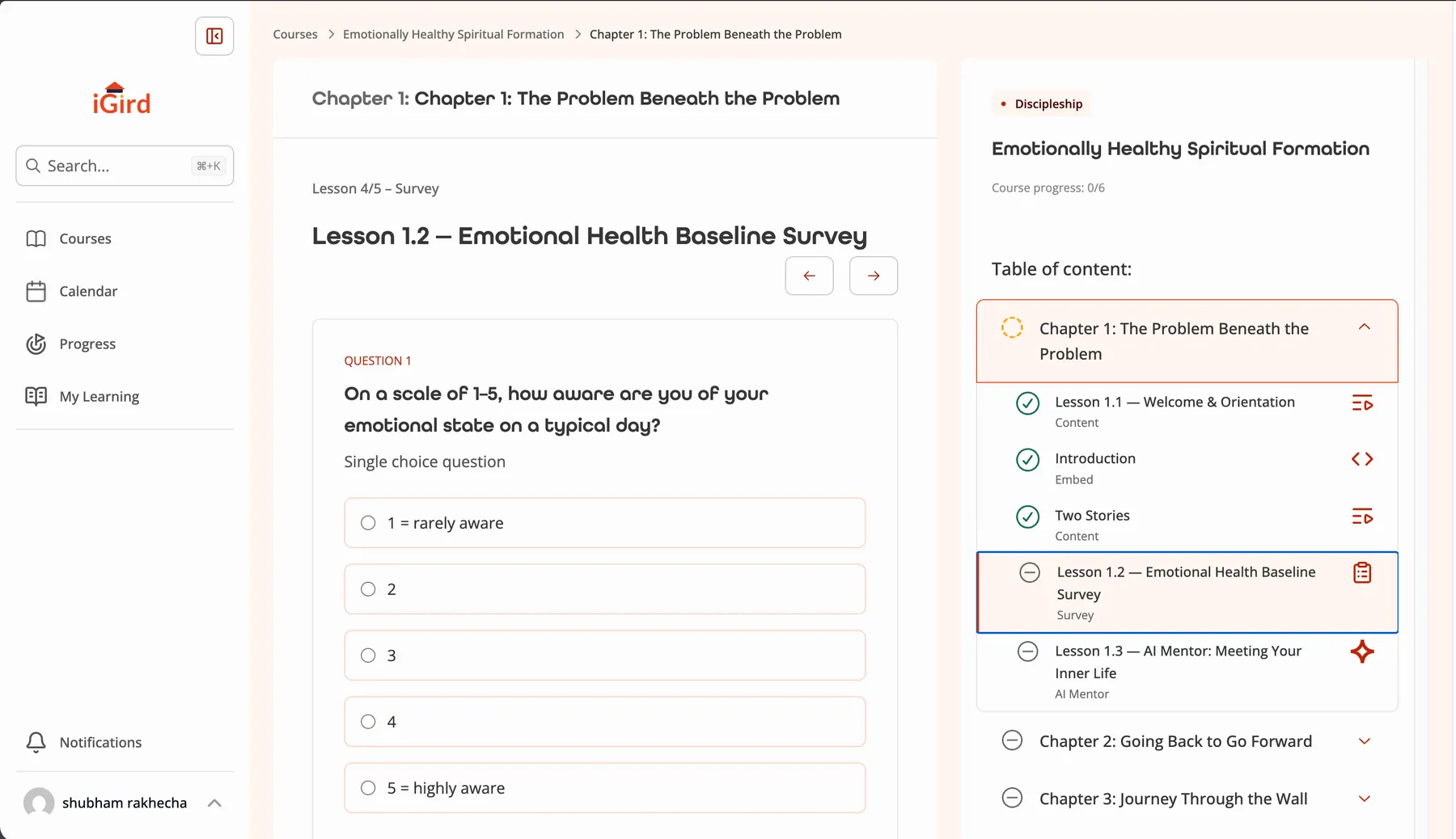 iGird in-course survey and progress sidebar