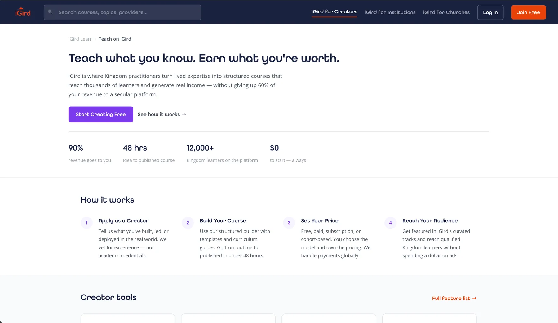 Teach on iGird creator landing page