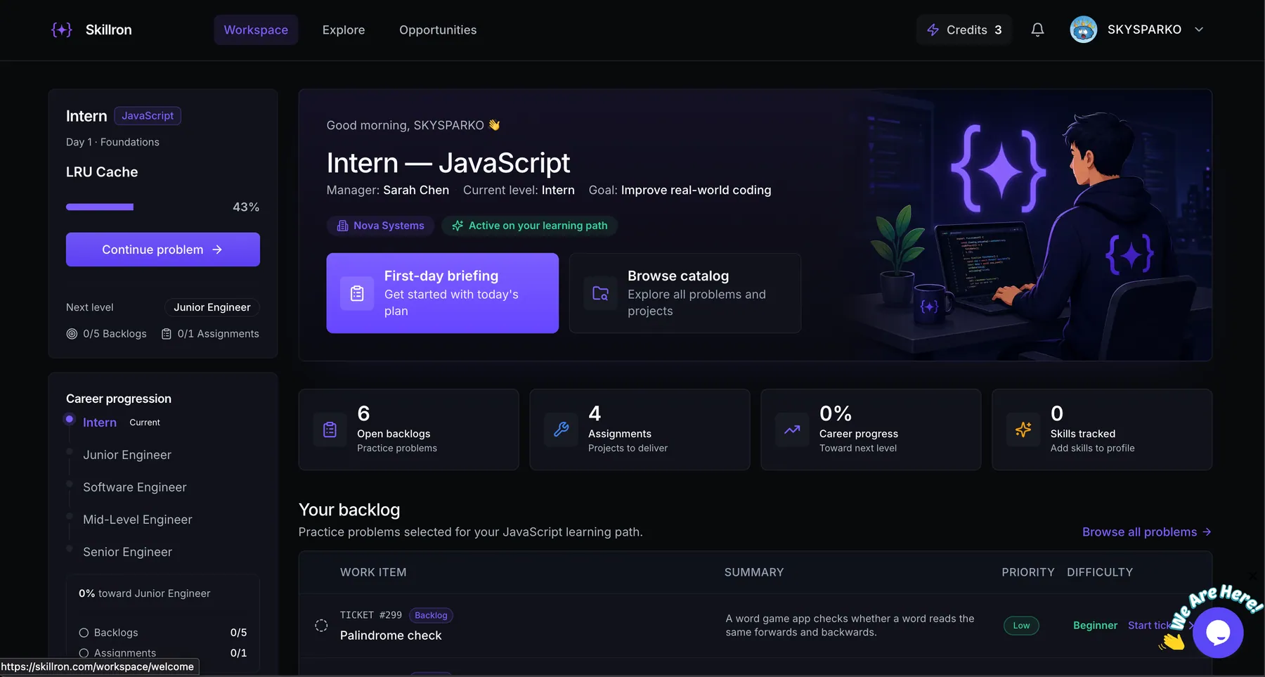 Developer workspace with career path and practice backlog