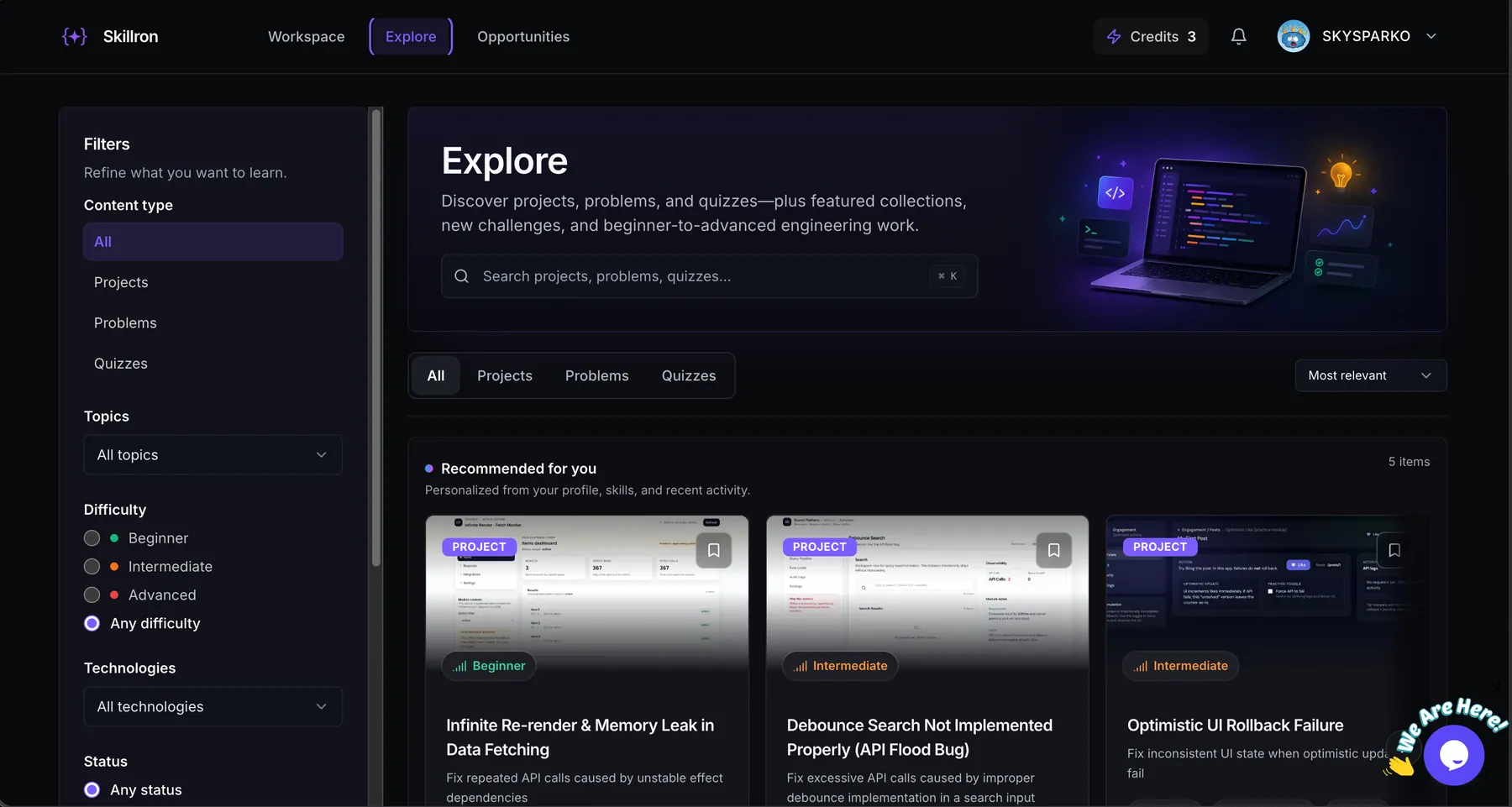 Explore page with production-style debugging projects