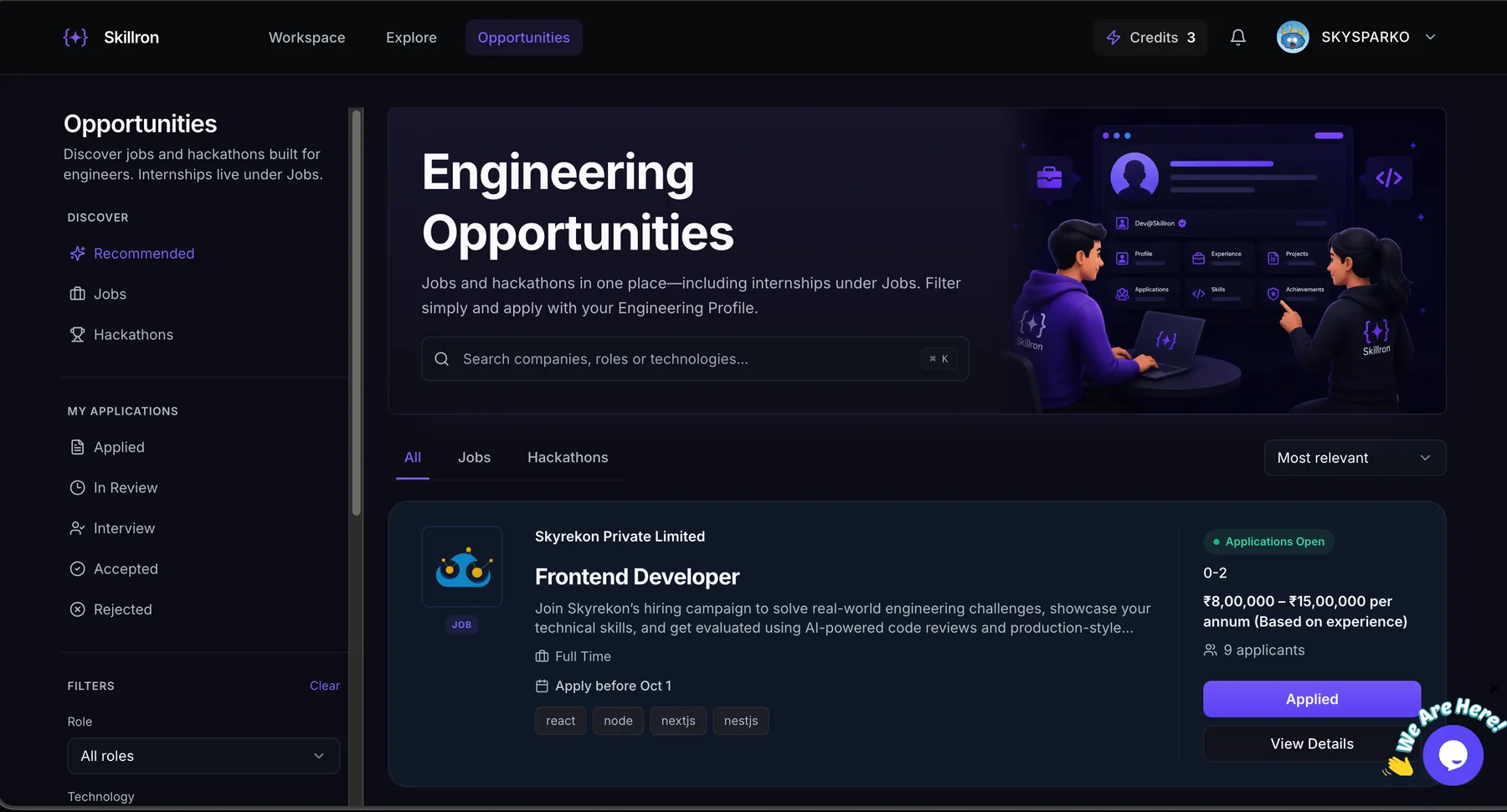 Engineering opportunities marketplace for jobs and hackathons