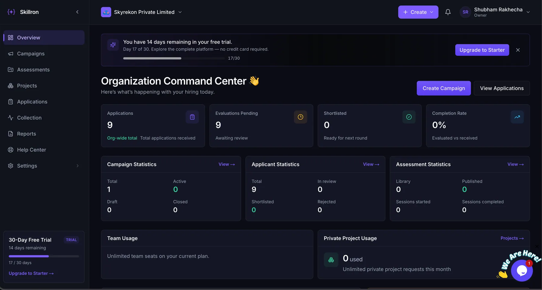 Organization command center with hiring metrics