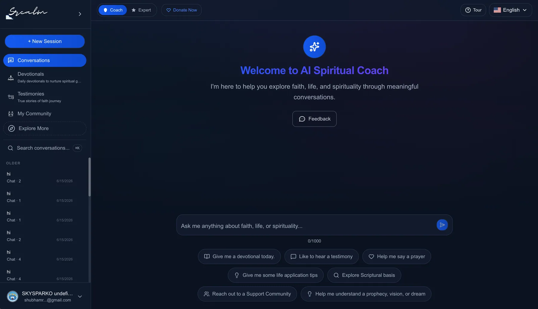 Srealm AI Spiritual Coach welcome screen
