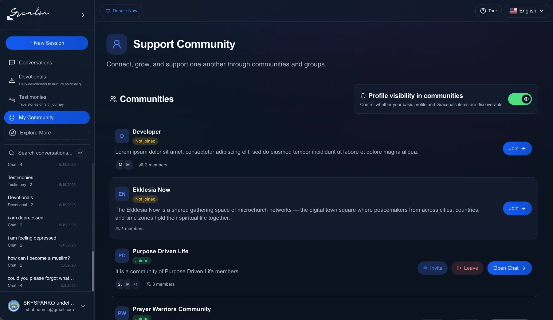 Srealm support communities list