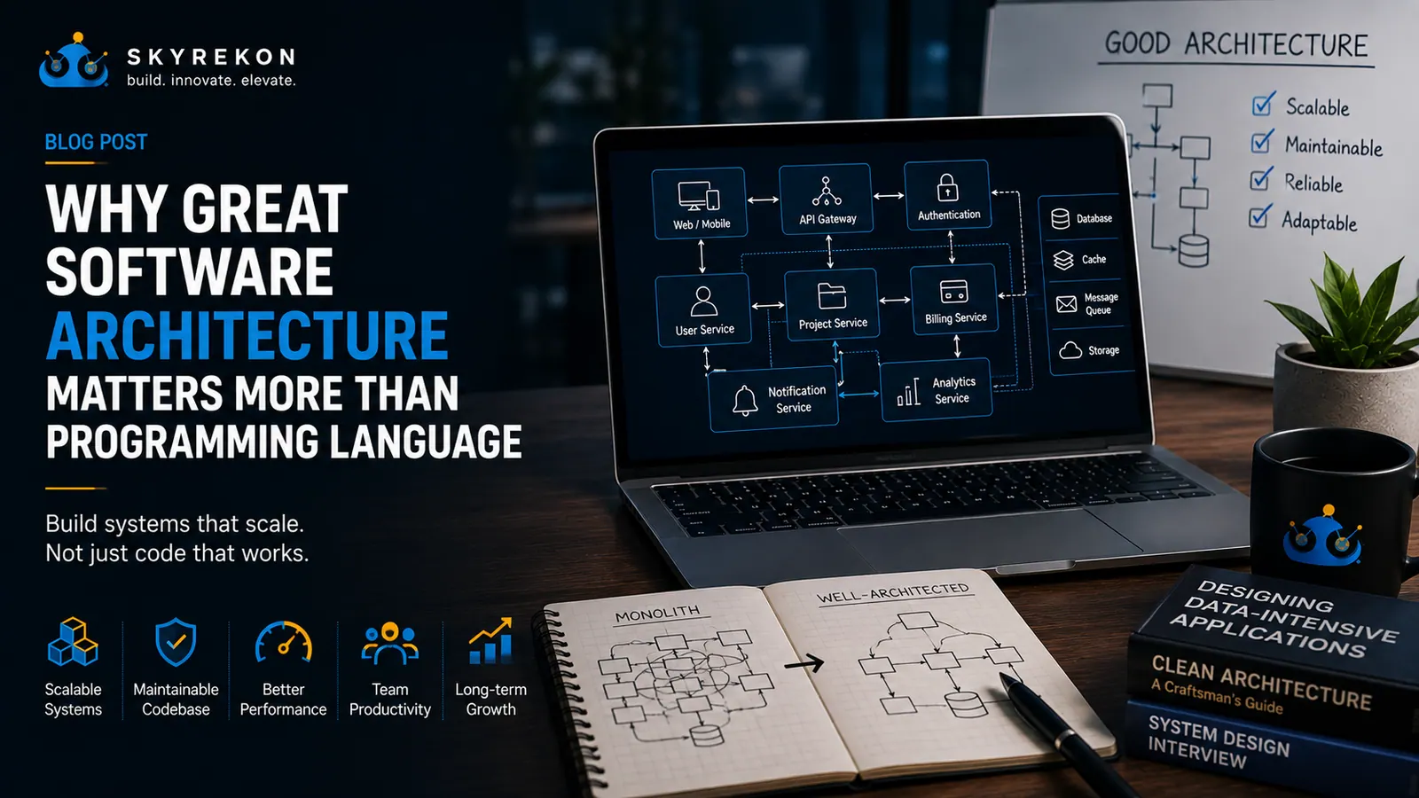 Modern software architecture blueprint connecting services and infrastructure.